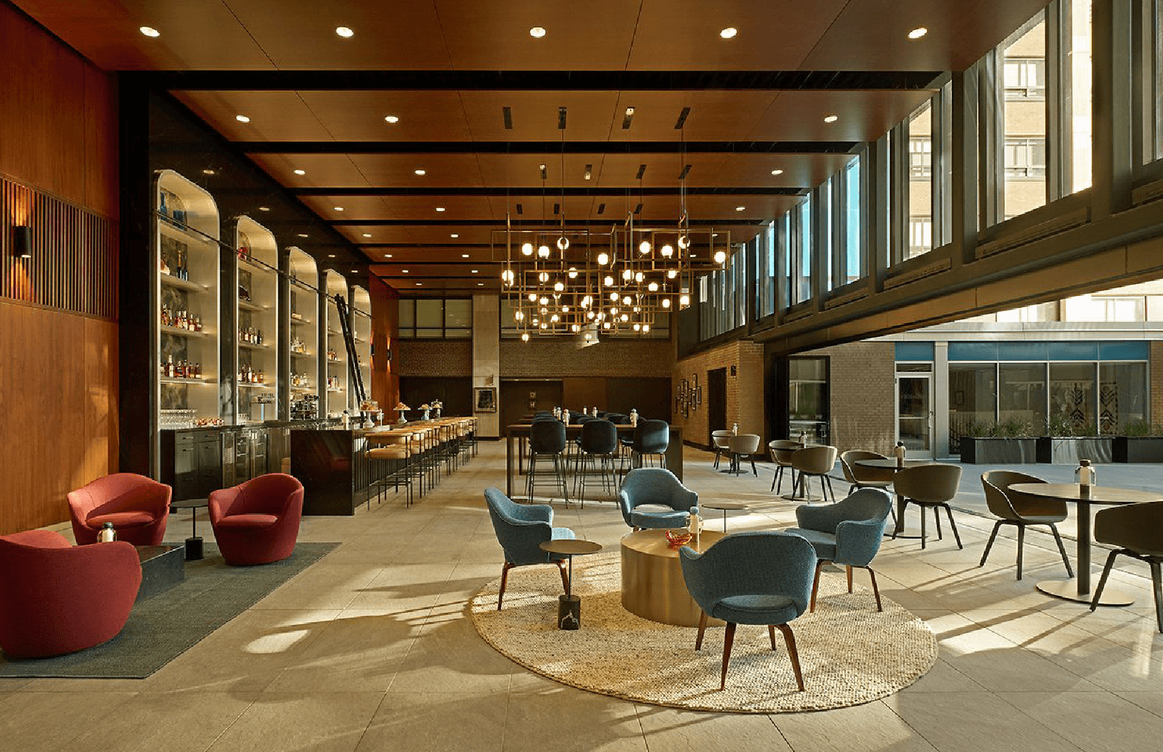Wide shot of a tenant amenity bar and lounge