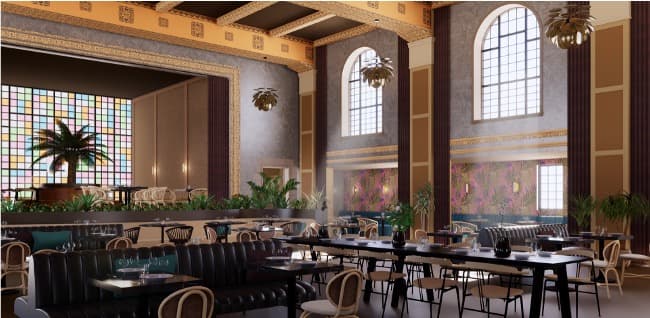 Restaurant dining room with arched windows and communal tables