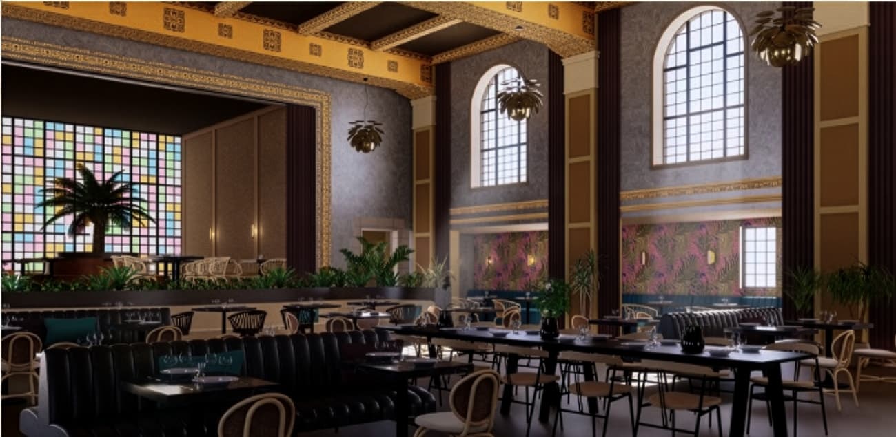 Restaurant dining room with arched windows and communal tables